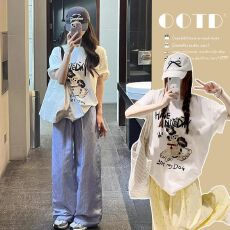 套装孕妇装夏季新款纯棉印花短袖+彩虹刺绣宽松拖地裤两件套