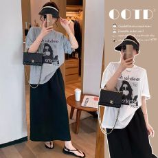 孕妇装夏季新款慵懒风套装纯棉宽松T恤+无托腹后开衩半身裙