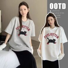 孕妇装夏季新款慵懒风套装纯棉宽松小猫T恤+无托腹可调节半身裙