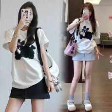 孕妇套装夏季新款纯棉印花T恤+休闲抽绳包臀半身短裙