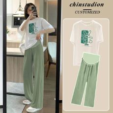 批发孕妇装 夏季新款<b class='q'>休闲</b>套装时尚印花纯棉短袖上衣+冰丝拖地裤