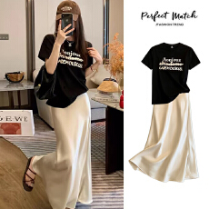 批发孕妇套装夏季新款纯棉印花T恤+托腹可调节醋酸缎面半身裙鱼尾裙