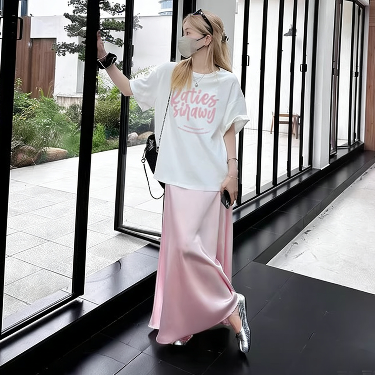 임산부 세트 여름 새로운 순면 프린트 티셔츠 없음 복부 지지 아세트산 수 있습니다. 조정 반신 스커트 투피스 세트