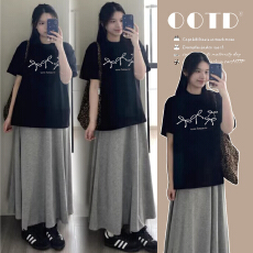 批发孕妇套装2026夏季新款慵懒松弛纯棉宽松T恤+莫代尔无托腹长裙子