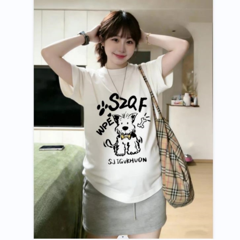임산부 세트 여름 새로운 순면 프린트 티셔츠 캐주얼 펌프 로프 없음 복부 지지 타이트 스커트 반신 미니 스커트