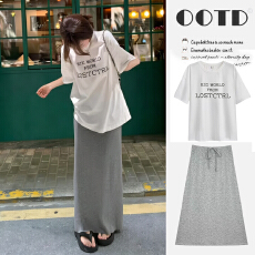 批发孕妇装夏季新款慵懒风套装纯棉宽松T恤+莫代尔无托腹<b class='q'>休闲</b>半身裙