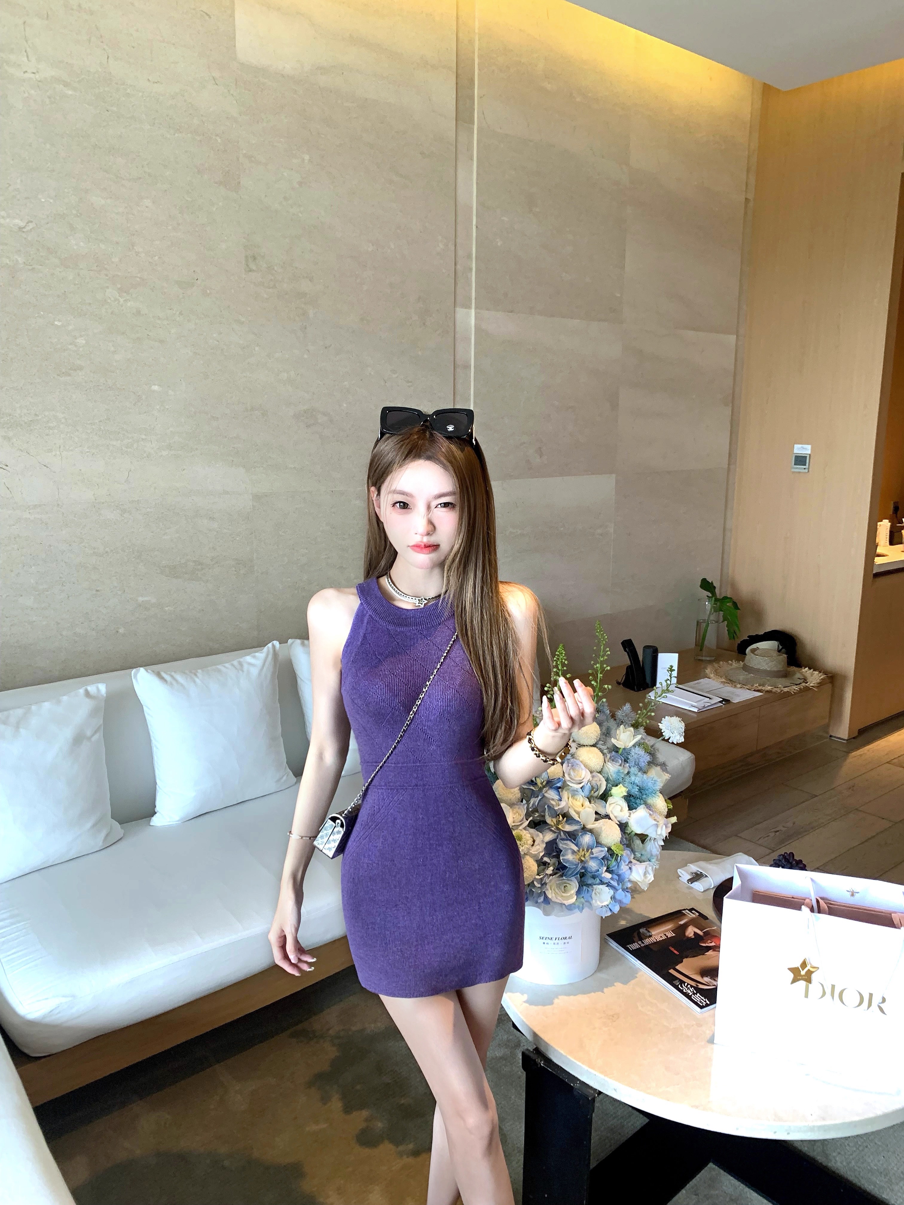 coolline 숲 희 디스플레이 화이트 절대적으로 절대적으로 보라색 드레스 쇼트 스타일 순수한 욕망 슬림해 보이는 민소매 타이트 스커트 얼음 실크 ol 치마
