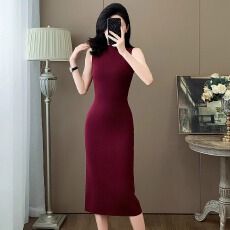 批发韩国紫红色半高领背心冰丝针织<b class='q'>连衣裙</b>女夏季气质法式长款OL包臀裙