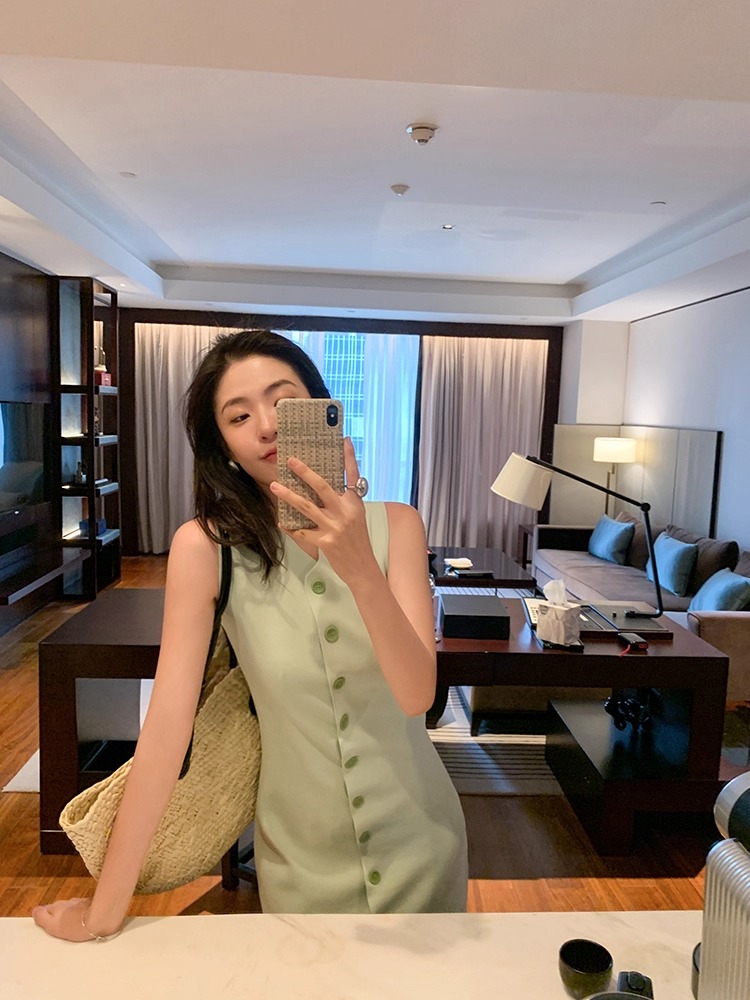 FA32021# 夏新款V领单排扣针织修身显瘦收腰连衣裙包臀短裙女 服裝批發女裝批發服飾貨源