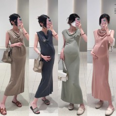 批发孕妇装法式简约优雅高级感莫兰迪色荡领显瘦<b class='q'>针织</b>长裙冰丝<b class='q'>连衣裙</b>潮