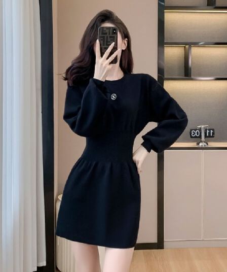 한국 Chic 작은 검은 드레스 홍콩 스타일 경기 코트 니트 스웨터 여성 드레스 가을 겨울 작은 키 인사이드 가져 가라. 기본 스커트