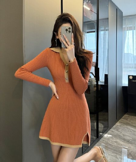 한국 품격 명문 여성 polo 폴로 칼라 홍콩 스타일 레트로 니트 스웨터 드레스 프랑스식 학원 숙녀 작은 샤넬 스타일