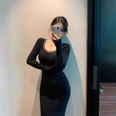 批发韩国亮闪闪针织毛衣连衣裙女秋冬夜店小心机千金感内搭打底小黑裙
