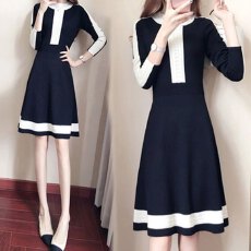 批发韩国<b class='q'>高档</b>镂空中长款过膝毛衣裙秋冬圆领撞色打底内搭针织衫<b class='q'>连衣裙</b>