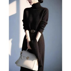 批发法式高档冷淡<b class='q'>系</b>气质名媛时尚高领OL过膝针织毛衣连衣裙女春配腰带