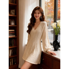 批发韩国加厚麻花<b class='q'>V领</b>针织毛衣<b class='q'>连衣裙</b>女秋冬季设计感气质小个子打底裙