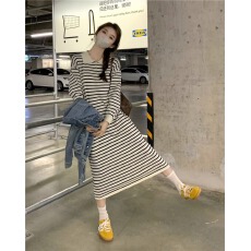 批发韩国复古慵懒风POLO翻领撞色<b class='q'>条纹</b>针织毛衣连衣<b class='q'>裙</b>女秋冬宽松遮肚子