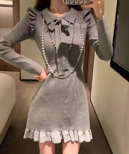 한국 품격 부드러운 숙녀 홍콩 스타일 작은 샤넬 스타일 레이스업 스트랩 나비 매듭 POLO 칼라 니트 스웨터 드레스