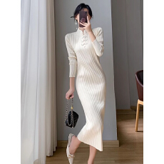 批发新中式改良旗袍裙女秋装国风<b class='q'>复古</b>盘扣长袖针织连衣裙内搭打底<b class='q'>长裙</b>