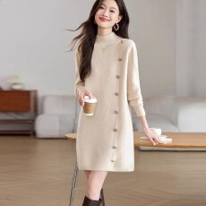 批发韩国高端气质半高领针织羊毛裙女秋<b class='q'>冬</b>洋气减龄中长款遮屁股毛衣裙