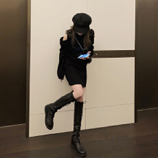 批发韩国配大衣露肩毛衣针织连衣裙女秋<b class='q'>冬</b>小黑裙性感小心机内搭打底裙