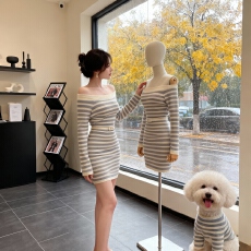 批发韩国一字领露肩撞色条纹针织毛衣连衣裙小个子心机OL<b class='q'>夜店</b><b class='q'>性感</b>短裙