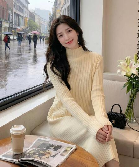 한국 가을 겨울철 터틀넥 니트 스웨터 드레스 달콤함 출퇴근 품격 슬림해 보이는 인사이드 가져 가라. 만나는 무릎 아래 롱 스커트