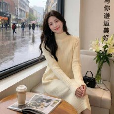 批发<b class='q'>韩国</b>秋冬季高领针织毛衣连衣裙甜美通勤气质显瘦内搭打底过膝<b class='q'>长裙</b>