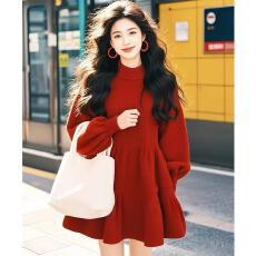 批发韩国圣诞节本命年新年过年战袍穿搭气质红色<b class='q'>灯笼</b>袖针织毛衣连衣<b class='q'>裙</b>