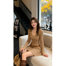 批发韩国度假辣妹<b class='q'>夜店</b>纯欲风针织毛衣连衣裙女秋冬气质收腰显瘦百褶裙