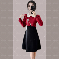 批发韩国小香风圣诞订婚回门敬酒红色<b class='q'>名媛</b>高级感假两件针织毛衣<b class='q'>连衣裙</b>