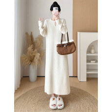 韩国氛围感珍珠一粒扣软糯针织连衣裙2025秋冬新款大衣内搭毛衣裙