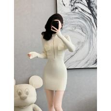 批发<b class='q'>韩国</b>修身显瘦口袋拉链裙紧身长袖针织连衣裙秋冬季休闲毛衣打底裙