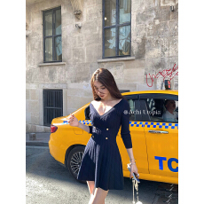 批发韩国ACHI大也池balman绞花藏青v领小香针织<b class='q'>连衣裙女</b>短款a字裙子