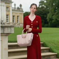 批发韩国名媛气质时尚优雅收腰显瘦西装领金扣竖条纹针织毛衣<b class='q'>连衣裙</b>女