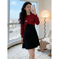 批发韩国圣诞本命年红色针织<b class='q'>连衣裙</b>子女秋冬法式气质<b class='q'>修身</b>打底毛衣裙子