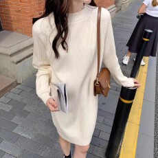 批发韩国2025新款半高领针织<b class='q'>连衣裙</b>子女冬季宽松内搭小个子法式毛衣裙