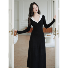 批发<b class='q'>韩国</b>复古名媛小香风花朵拼接连衣裙气质赫本长裙小黑裙长裙针织裙