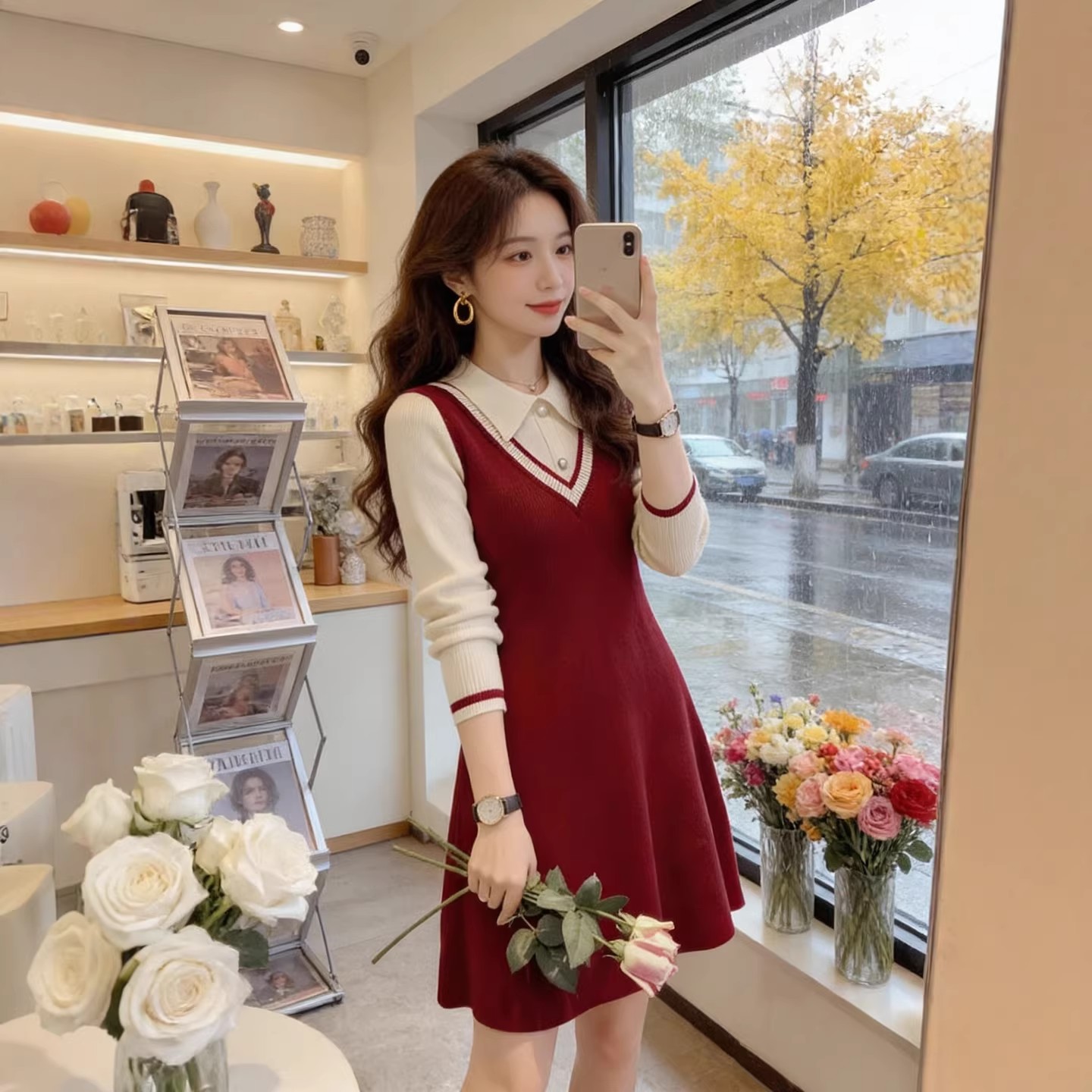 MY16080# 韩国衬衫领假两件红色针织连衣裙女内搭长袖打底裙洋气毛衣裙女裝貨源服裝批發