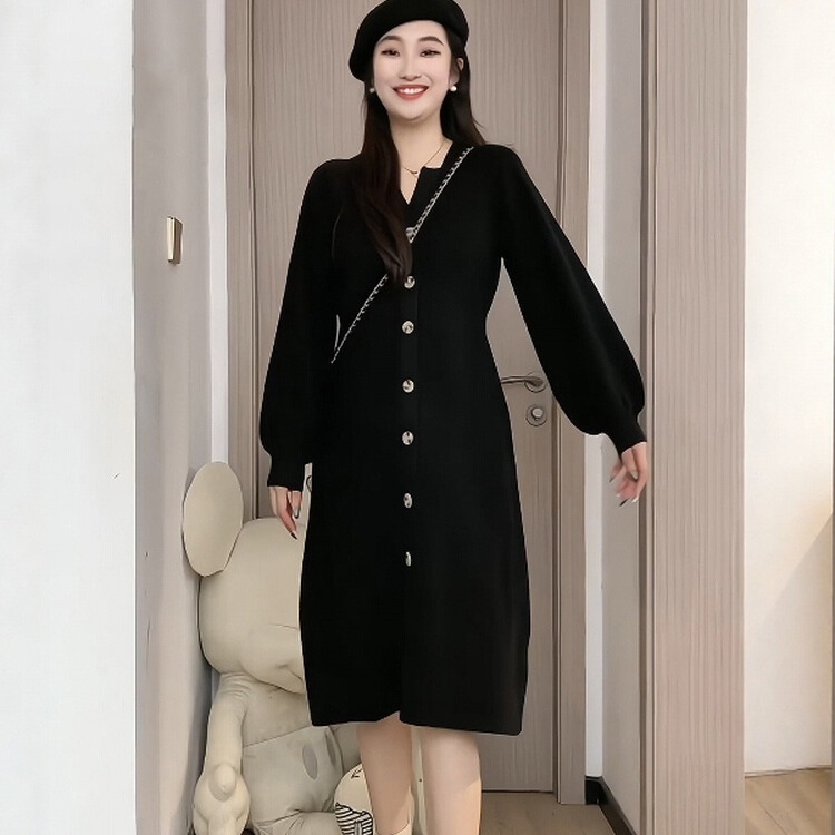 MY16133# 韩国大码女装胖mmV领灯笼袖长袖针织连衣裙显瘦打底长裙女...
