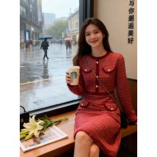 批发韩国<b class='q'>小香风</b>红色针织<b class='q'>连衣裙</b>女2025秋冬新款显瘦高级感小个子毛衣裙