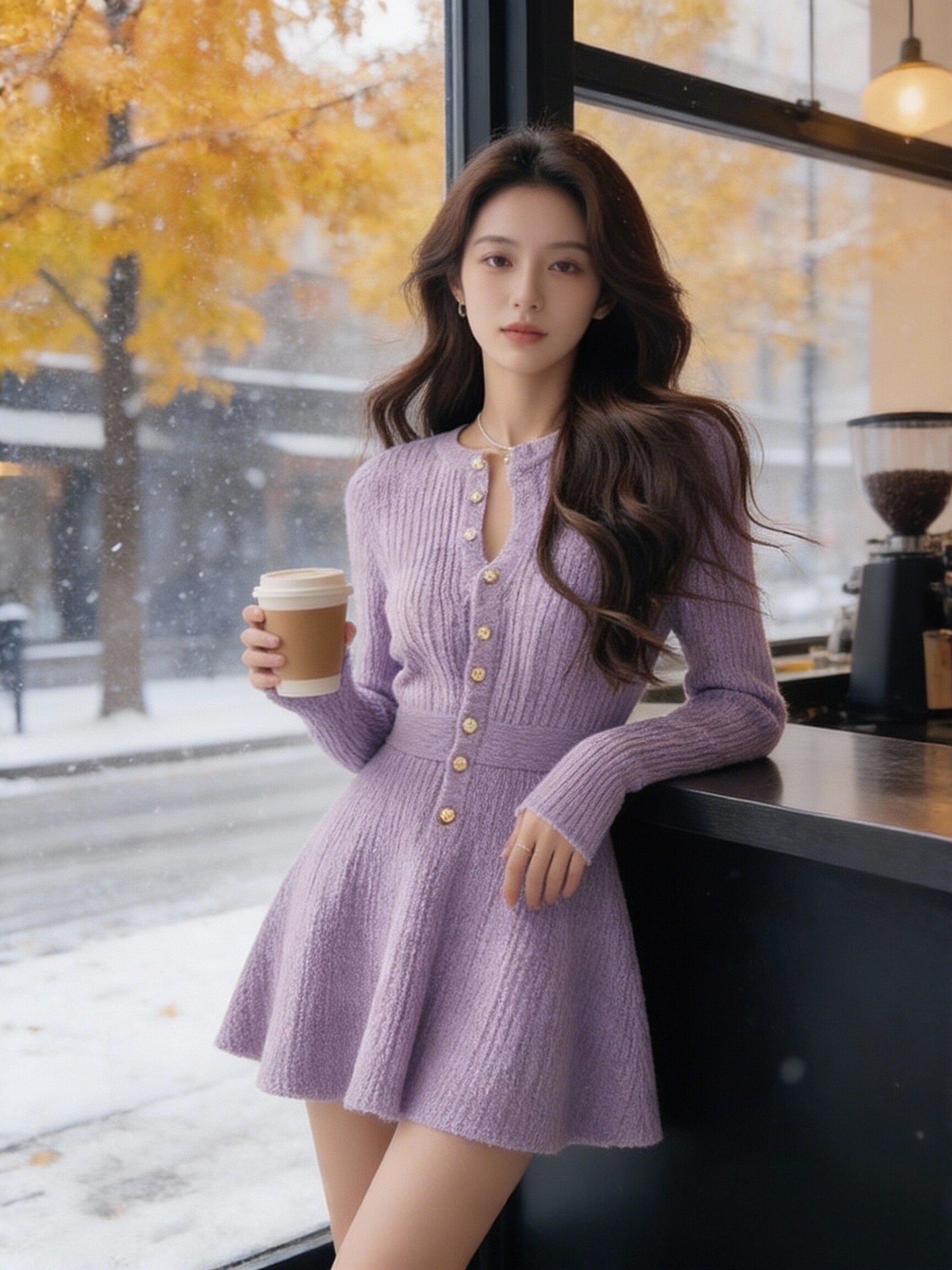 MY16132#韩国慵懒风紫色针织连衣裙新款排扣收腰百搭洋气毛衣裙女裝貨源...