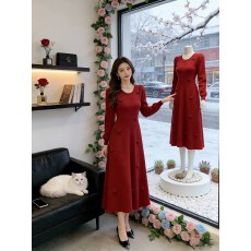 批发韩国优雅复古针织<b class='q'>连衣裙</b>女2025秋冬新款设计感收腰显瘦洋气<b class='q'>长裙</b>子