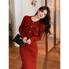 批发韩国优雅<b class='q'>名媛</b>小香风气质内搭两件套裙订婚礼服回门红色针织连衣裙
