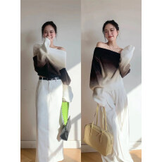 批发韩国早春渐变<b class='q'>一字肩</b>毛衣女设计感小众性感长袖露肩针织衫短款<b class='q'>上衣</b>