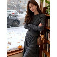 批发韩系通勤穿搭套装灰色圆领收腰长袖上衣女春季气质<b class='q'>百褶</b>裙针织套装