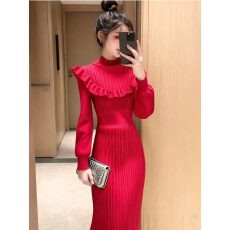 批发韩国新年年会战袍红色本命年连衣裙女中长款高级感温柔风气质裙子