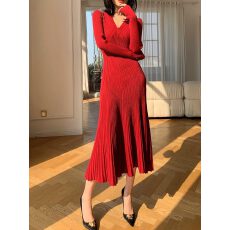 批发<b class='q'>韩国</b>新年战袍年会纯欲高级感酒红色V领针织修身显瘦中长款打底裙