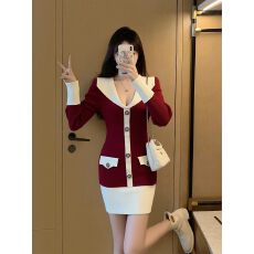 批发韩国小香风新年红色翻领针织连衣<b class='q'>裙子</b>女秋冬新款名媛气质包臀短裙