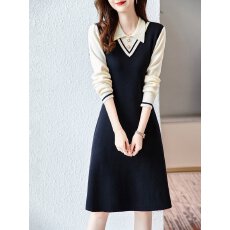 批发韩国气质温柔港风POLO娃娃领撞色拼接针织毛衣<b class='q'>连衣裙</b>配大衣打底裙